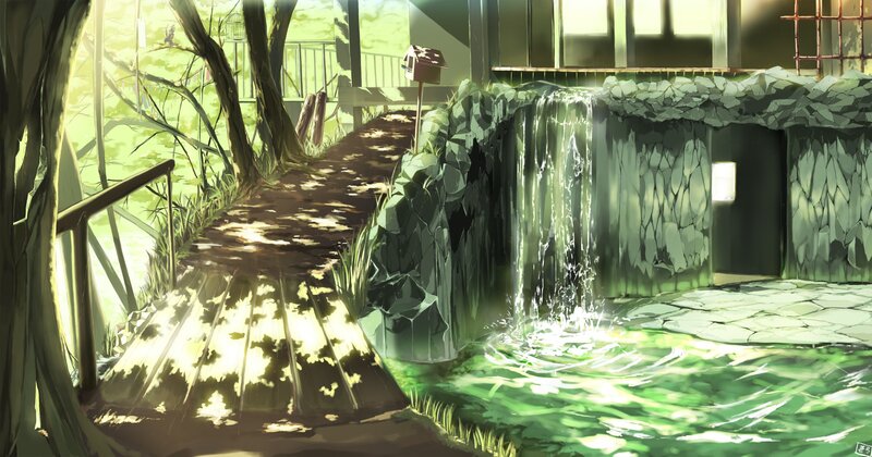 Forest path with waterfall