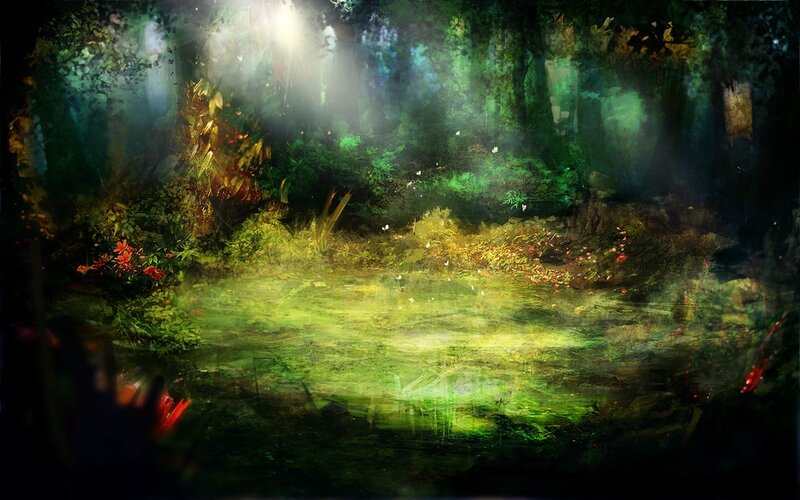 Forest Pond at Night — Green, Mysterious