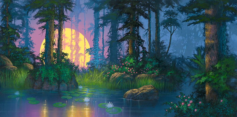 Forest Pond at Sunset — Green, Serene, Digital Art