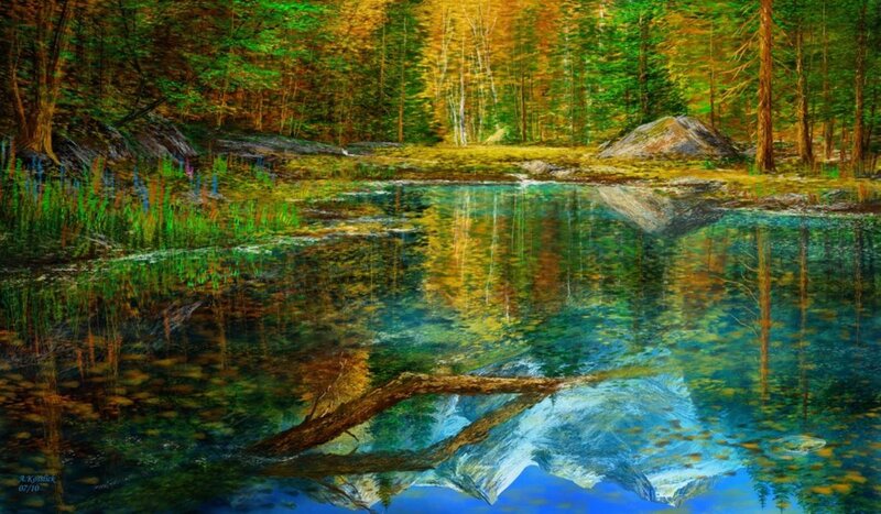 Forest Pond Reflection — Green, Serene
