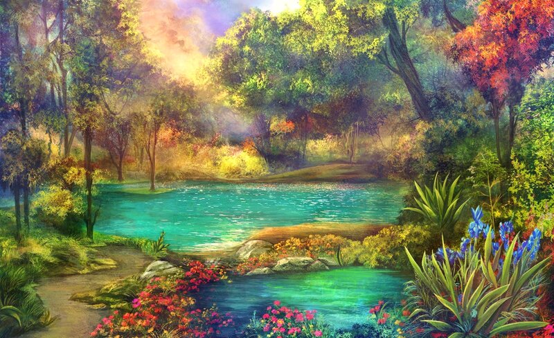 Forest Pond with Flowers — Green, Serene, Afternoon, Painting
