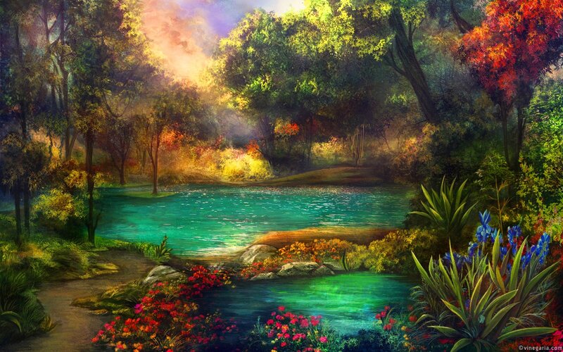 Forest Pond with Flowers — Green, Serene, Afternoon