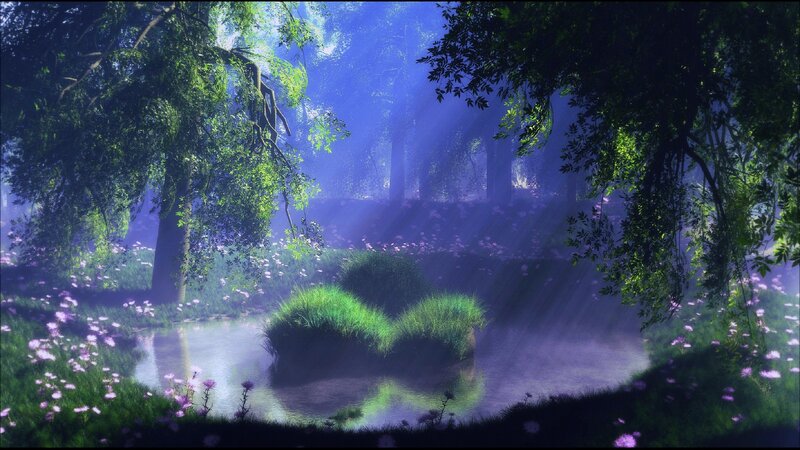 Forest Pond with Flowers — Green, Serene, Morning
