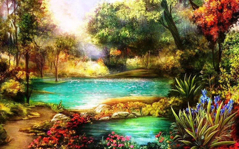 Forest Pond with Flowers — Green, Serene