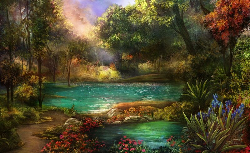 Forest Pond with Flowers