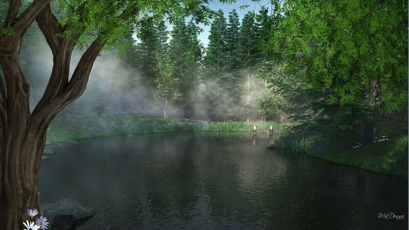 Forest Pond with Mist — Green