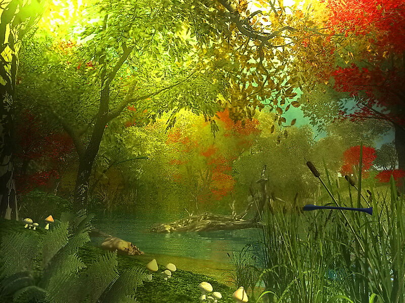 Forest Pond with Mushrooms — Green