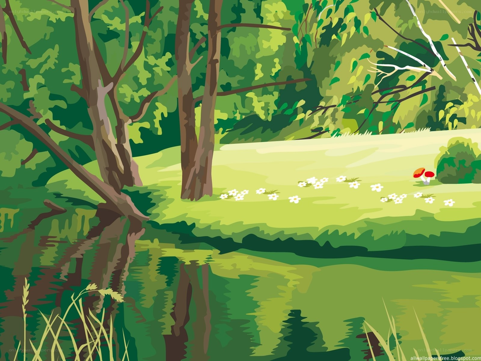 Forest pond with mushrooms