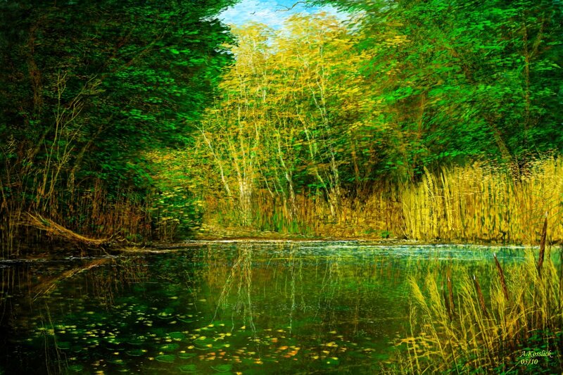 Forest Pond with Reeds — Green, Serene