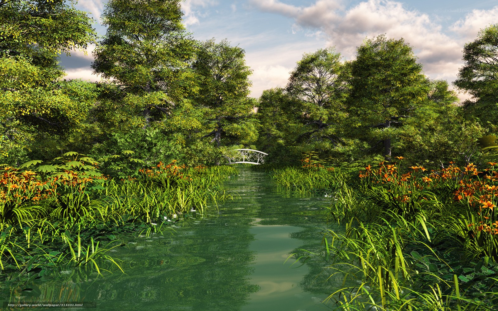 Forest pond with white bridge