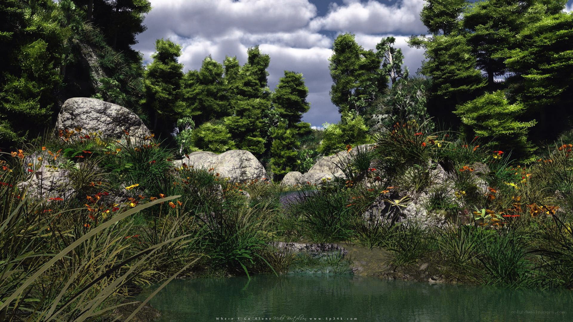 Forest pond with wildflowers