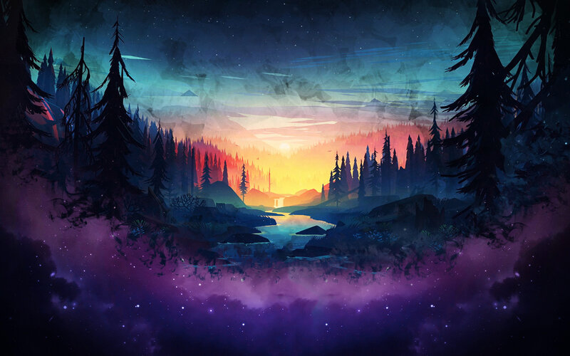 Forest River at Dusk — Purple
