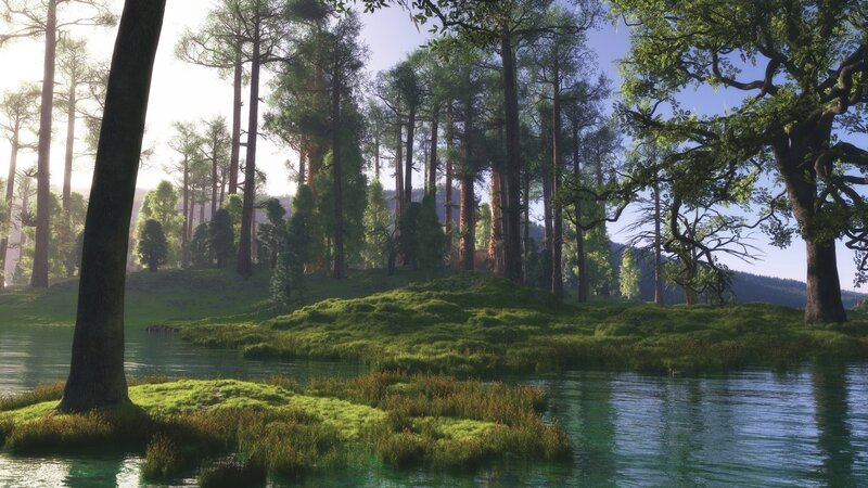 Forest River Landscape — Green, Serene, Morning, 3d Render, Trees
