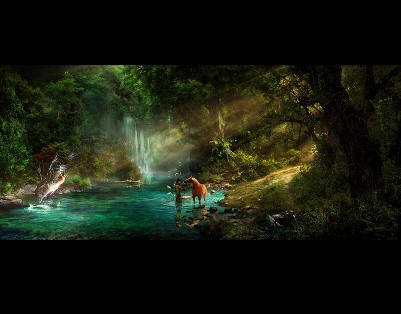 Forest river with horse and rider