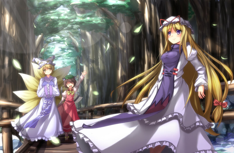 forest scene with three girls