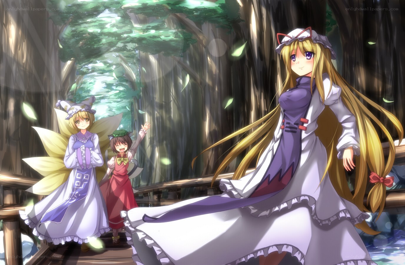 forest scene with three girls