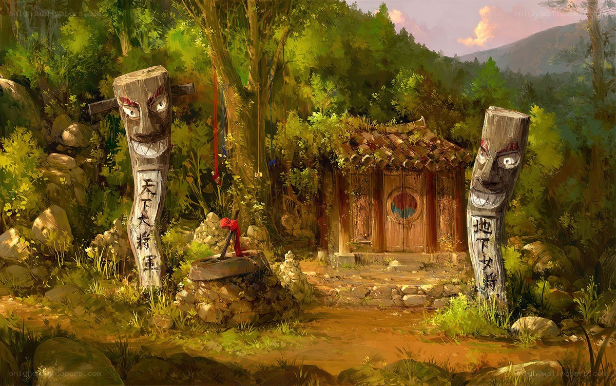 Forest shrine with totem poles