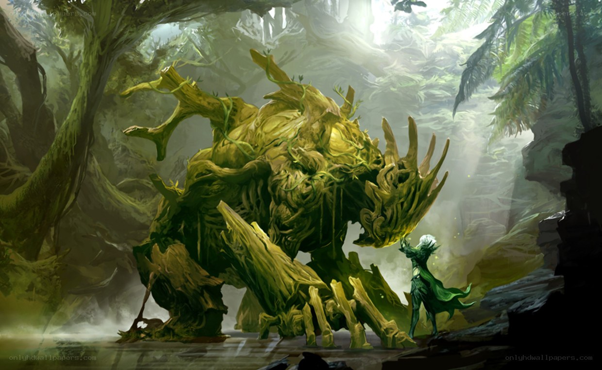 forest spirit confronts a giant