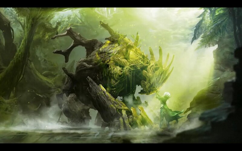 forest spirit confronts a giant