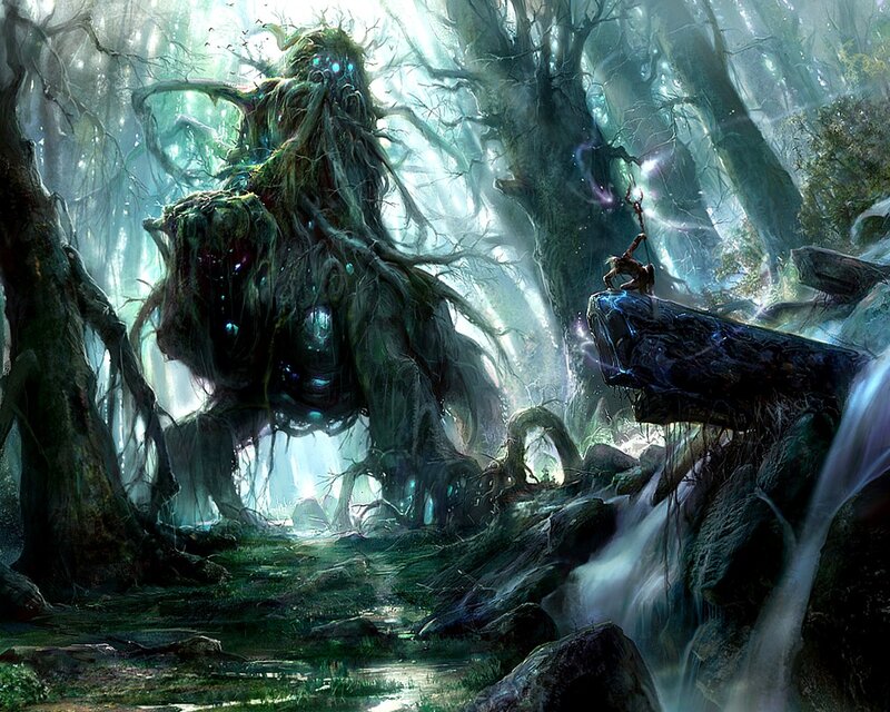 Forest spirit confronts a warrior