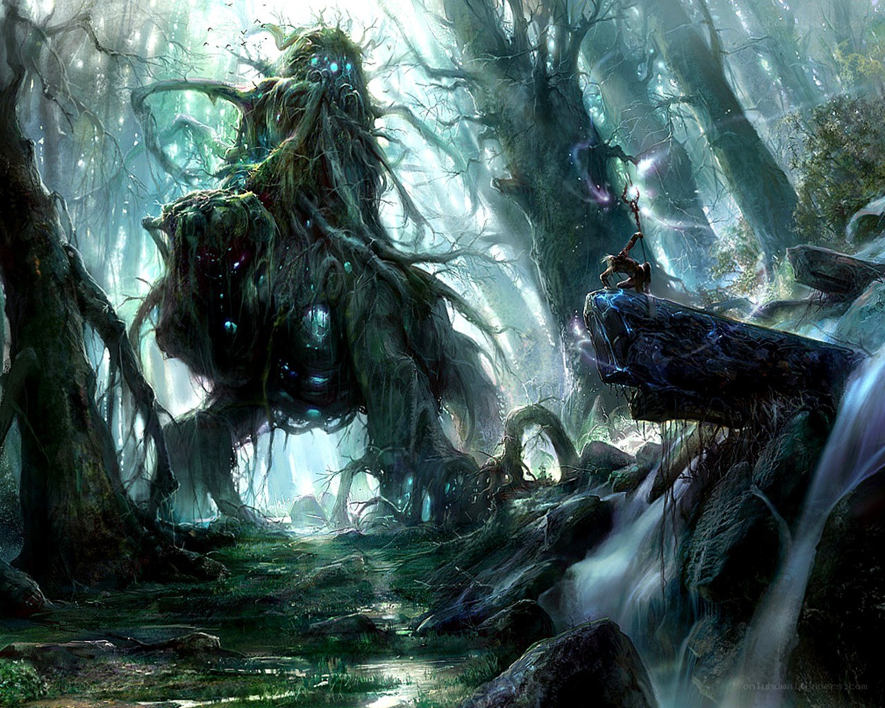 Forest spirit confronts a warrior