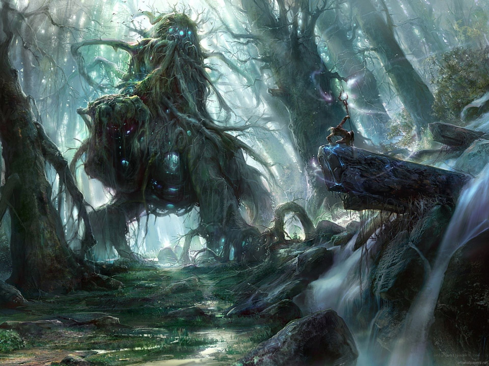 Forest spirit confronts warrior