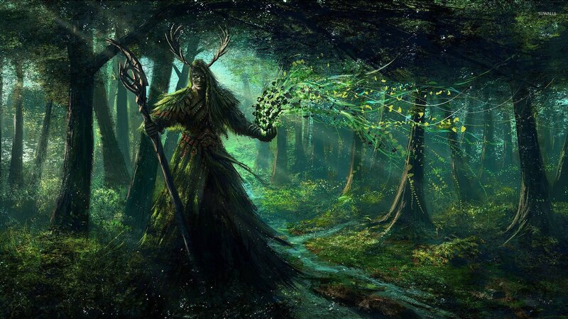 Forest Spirit with Staff — Green, Mystical