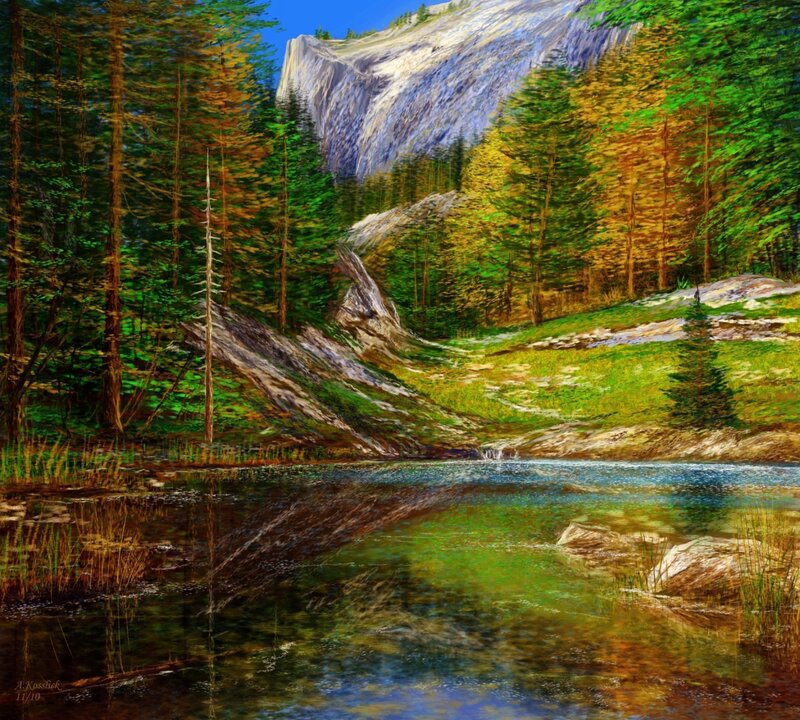 Forest Stream and Mountain