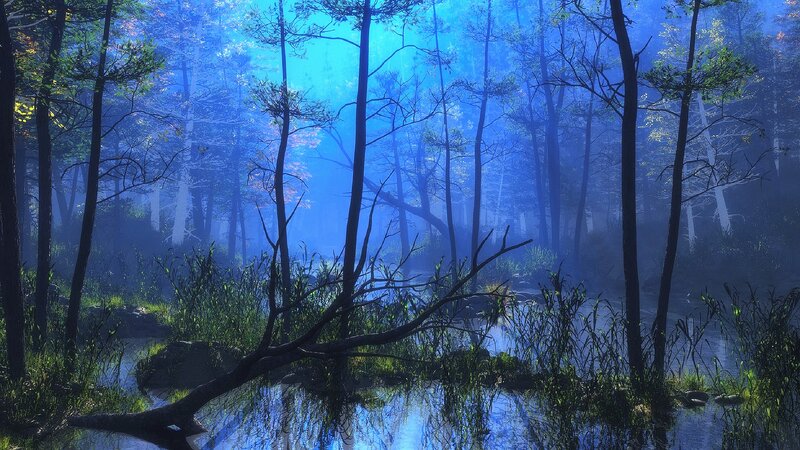 Forest Stream at Dawn — Blue, Serene