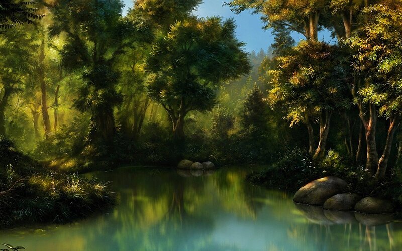 Forest Stream at Dawn — Green, Serene, Morning, Digital Art
