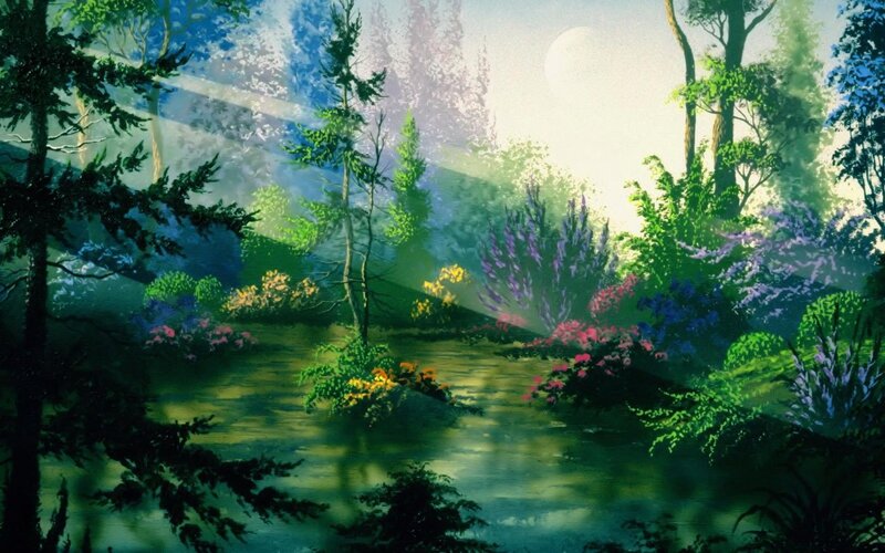 Forest Stream at Dawn — Green, Serene, Morning, Digital Art, Trees, Flowers