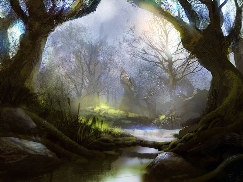 Forest Stream at Dawn — Green, Serene, Morning, Digital Art, Trees