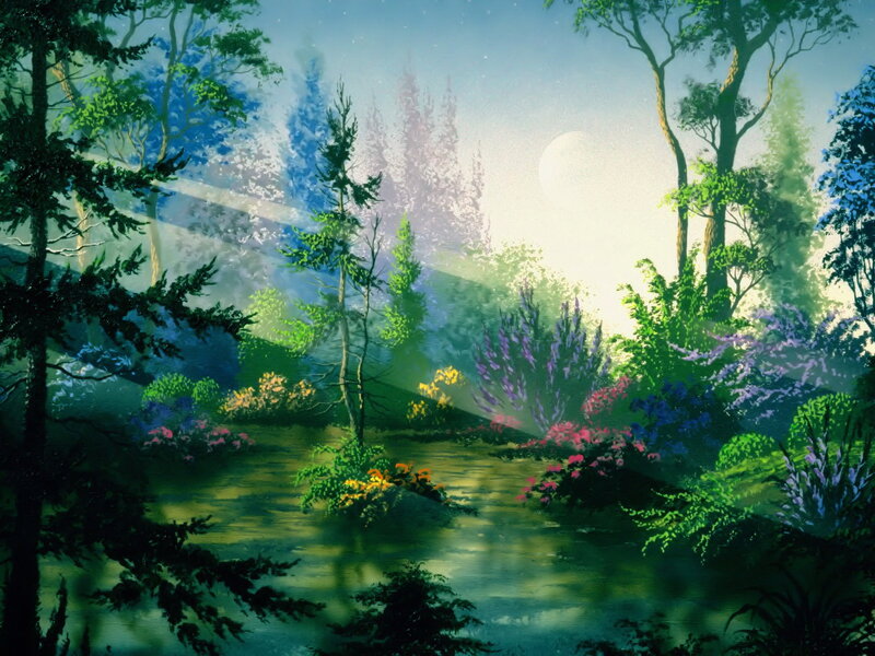 Forest Stream at Dawn — Green, Serene, Painting