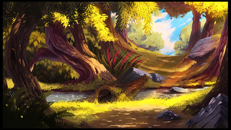 Forest Stream at Sunset — Yellow, Serene
