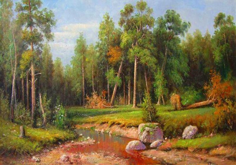 Forest Stream Landscape — Green, Serene, Autumn