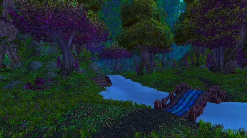 Forest Stream with Bridge — Green, Serene, Night