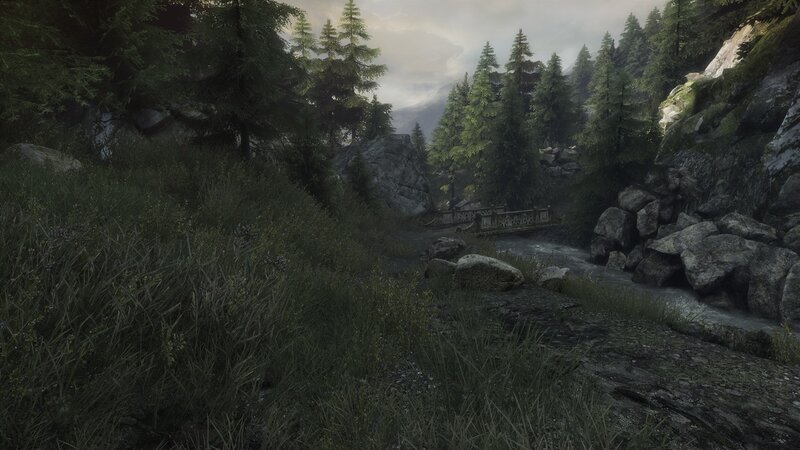Forest Stream with Bridge — Green