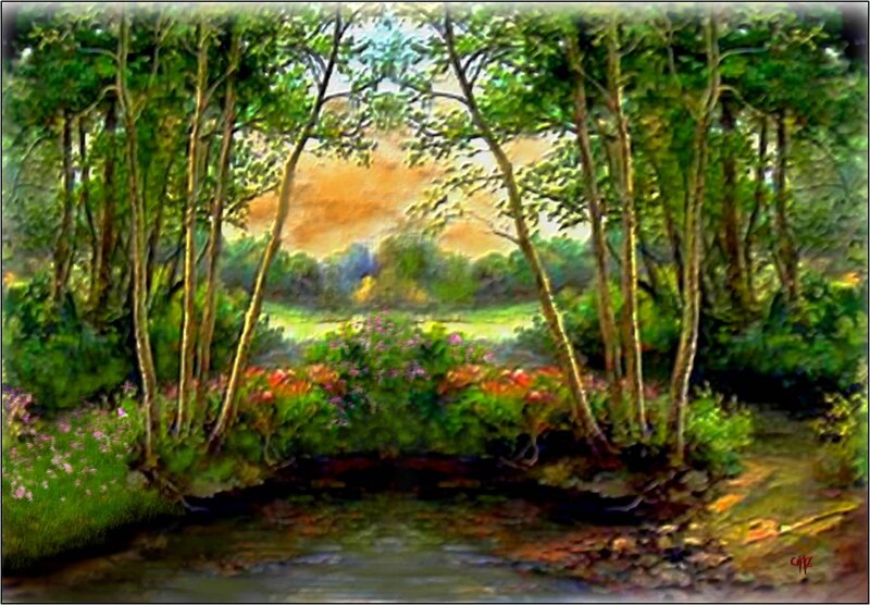 Forest Stream with Flowers — Green, Serene