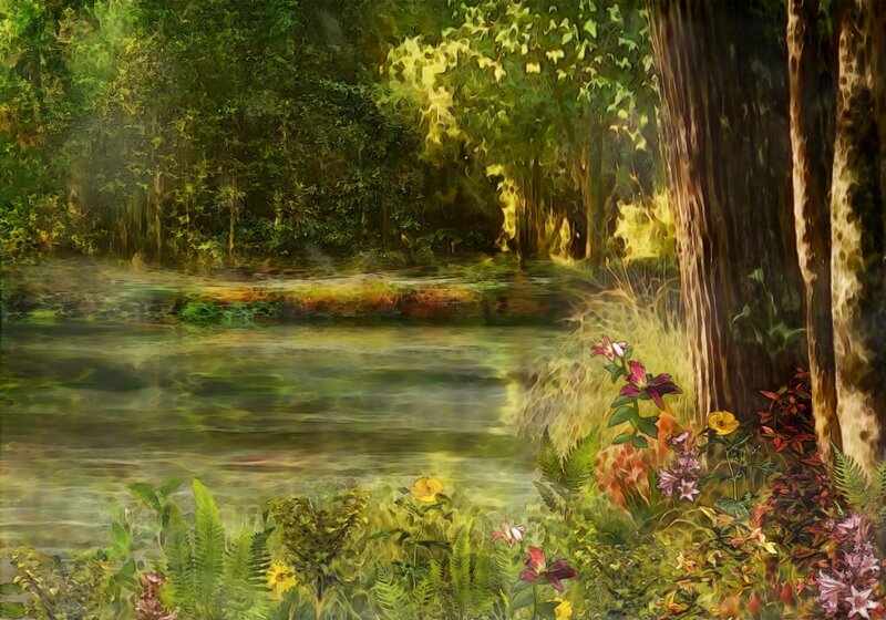 Forest Stream with Flowers — Green