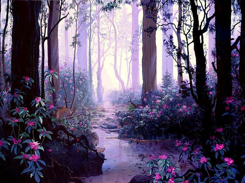 Forest Stream with Flowers — Purple