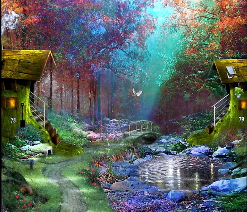 Forest Stream with Huts