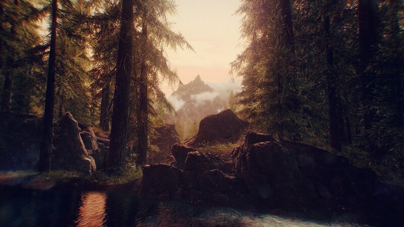 Forest Stream with Mountains — Green, Serene