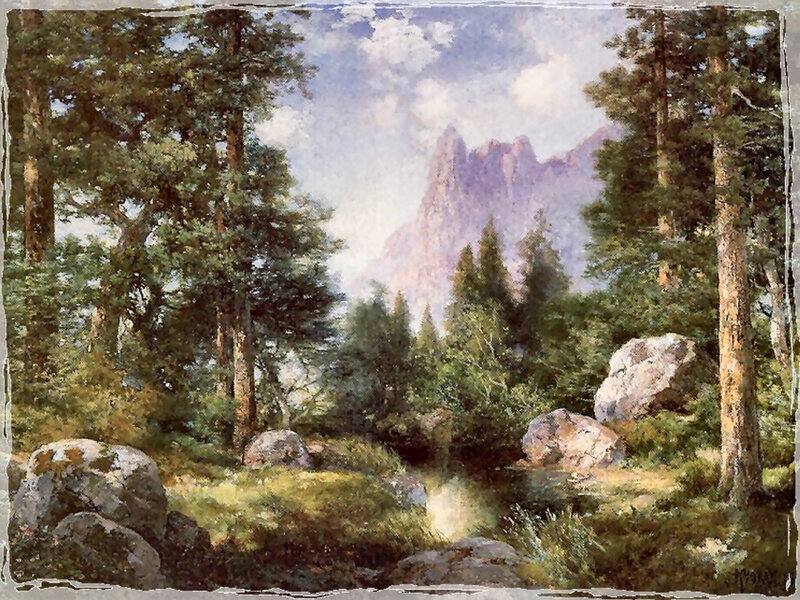 Forest Stream with Mountains — Green