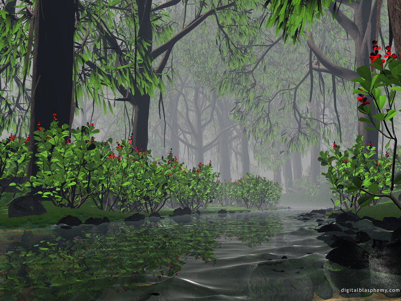 Forest Stream with Red Flowers