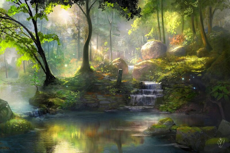 Forest Stream with Waterfall — Green, Serene, Morning, Digital Art
