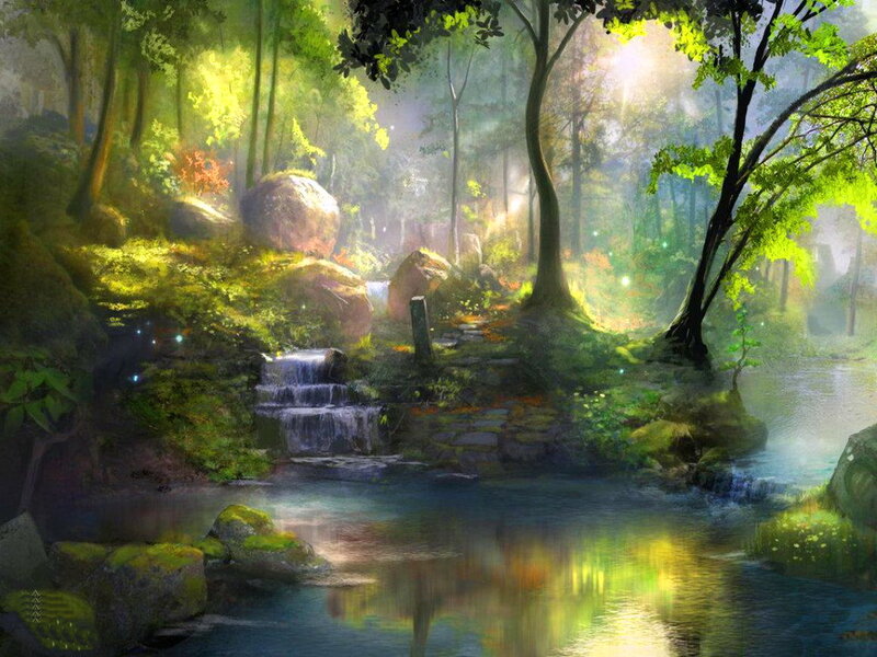 Forest Stream with Waterfall — Green, Serene, Morning, Digital Art, Trees, Rocks