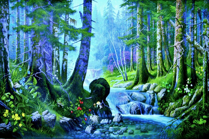 Forest Stream with Waterfall — Green, Serene, Morning, Painting