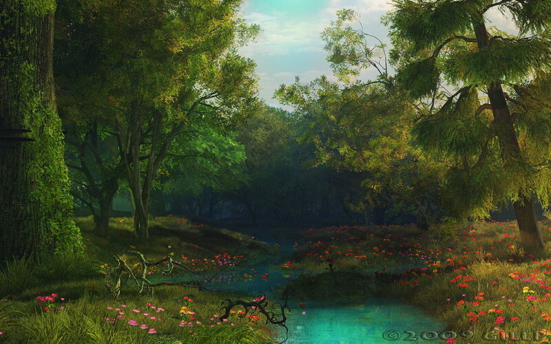 Forest stream with wildflowers