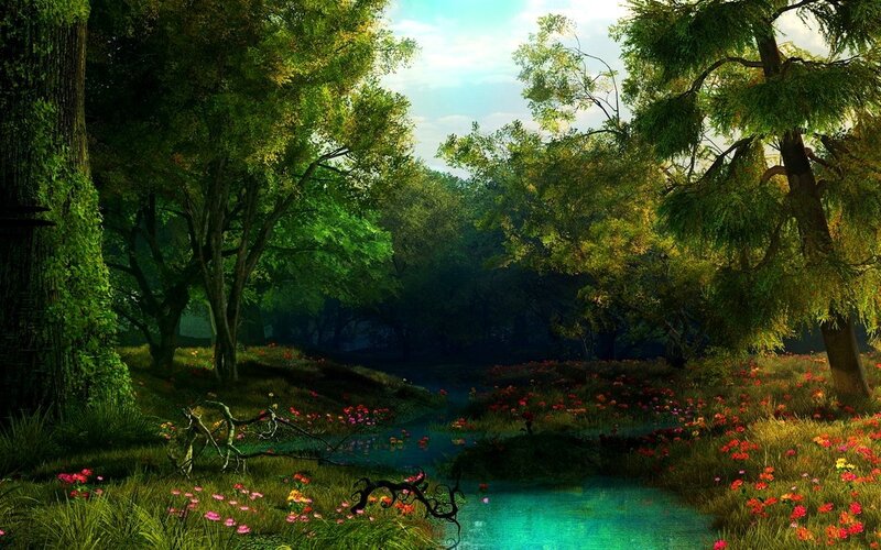 Forest stream with wildflowers