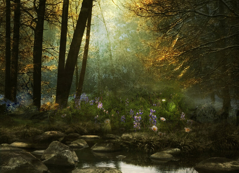 Forest Stream with Wildflowers — Green